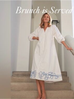 White Midi Dress with Blue Embroidered Hem